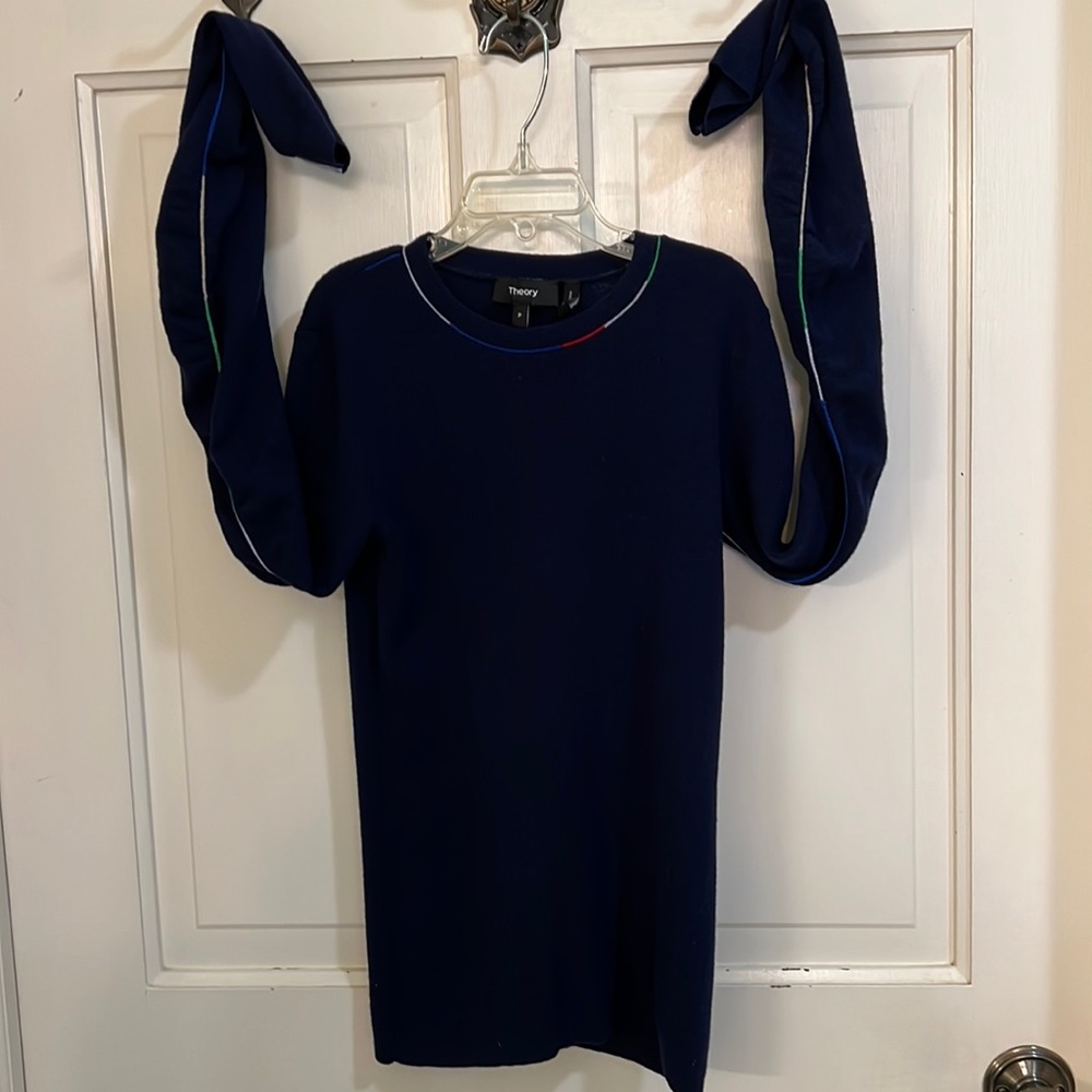Theory Merano wool navy long sleeve top multi-color piping
